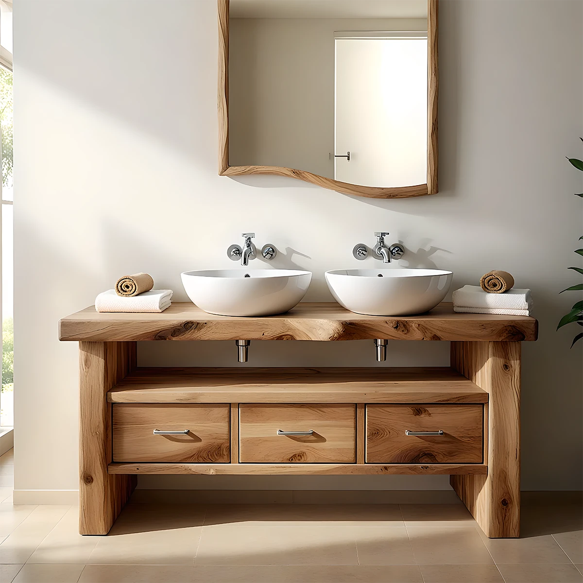 Live Edge Double Sink Solid Wood Vanity – Japandi Rustic Design - Rustira