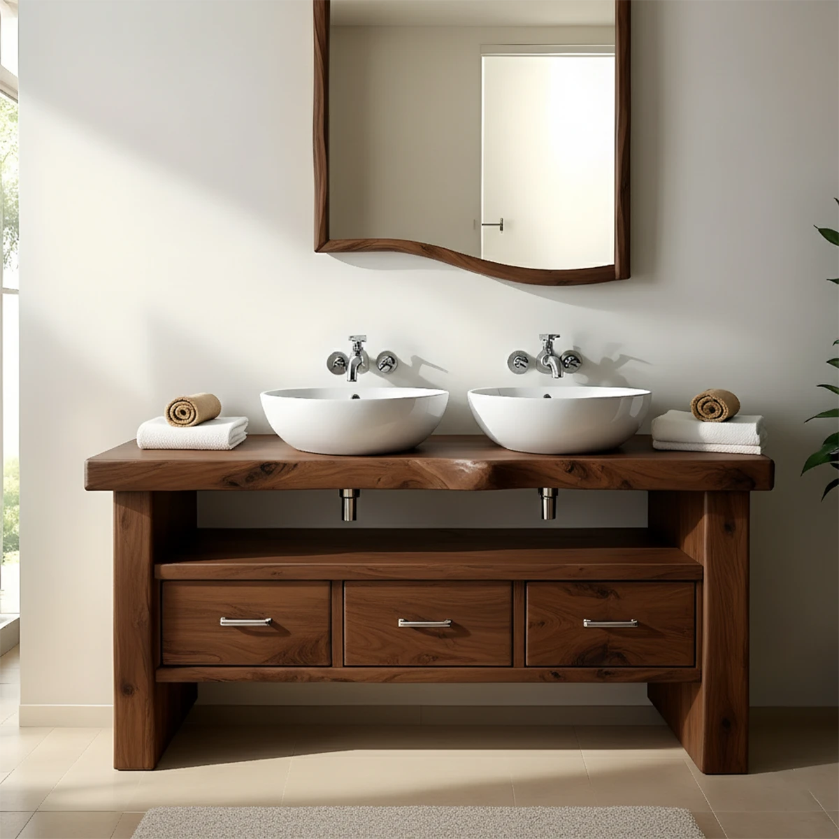 Live Edge Double Sink Solid Wood Vanity – Japandi Rustic Design - Rustira