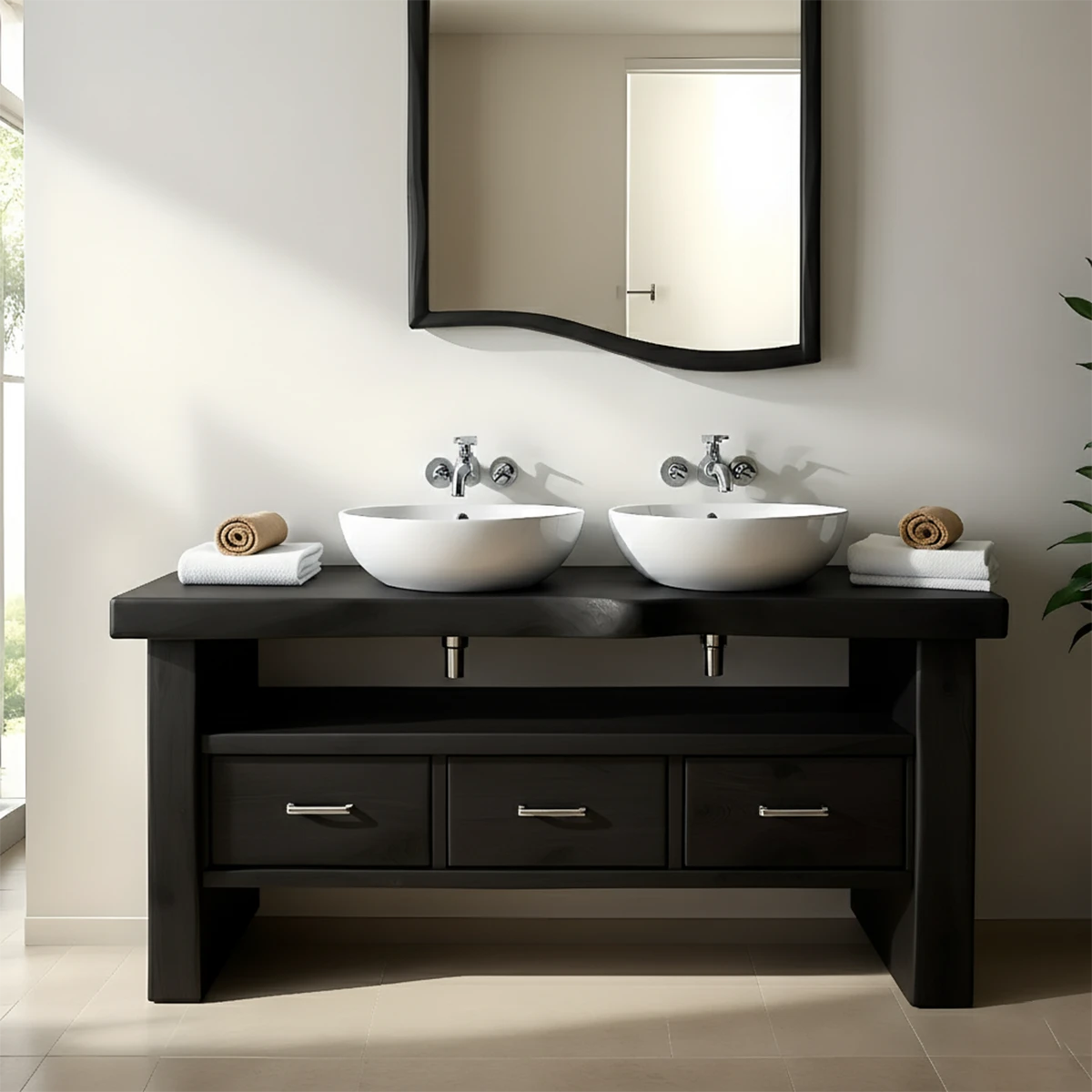 Live Edge Double Sink Solid Wood Vanity – Japandi Rustic Design - Rustira