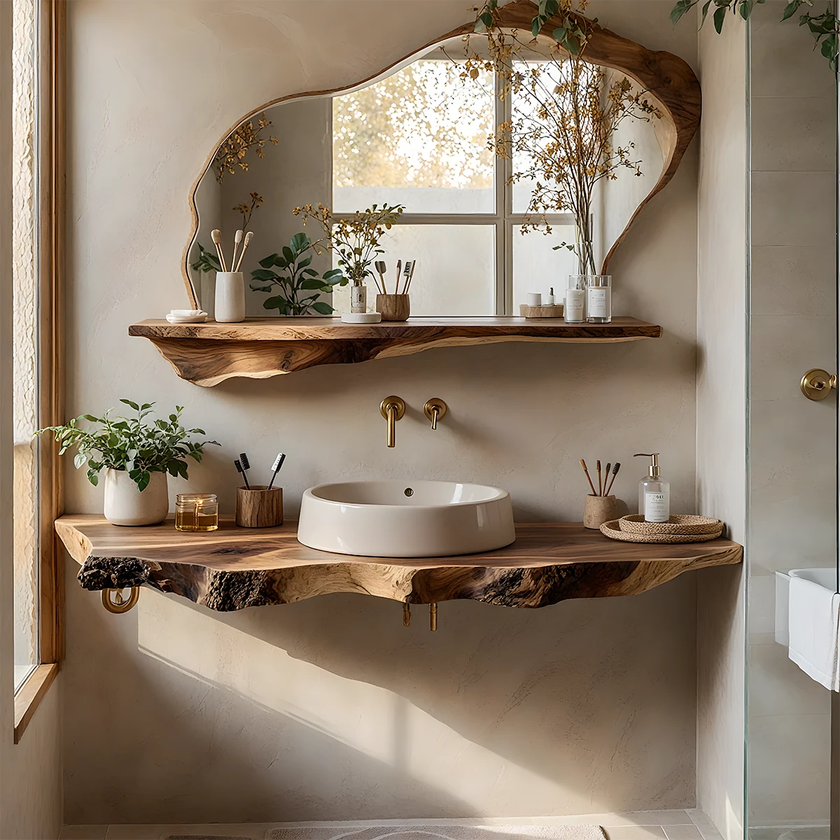 Live Edge Floating Wood Bathroom Vanity with Mirror Shelf - Rustira