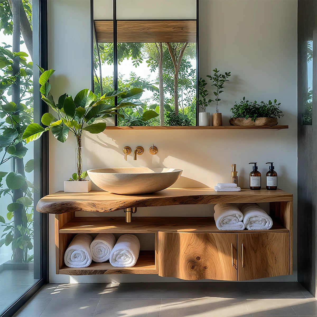 Live Edge Floating Wood Vanity – Asymmetrical Japandi Spa Sink Console - Rustira