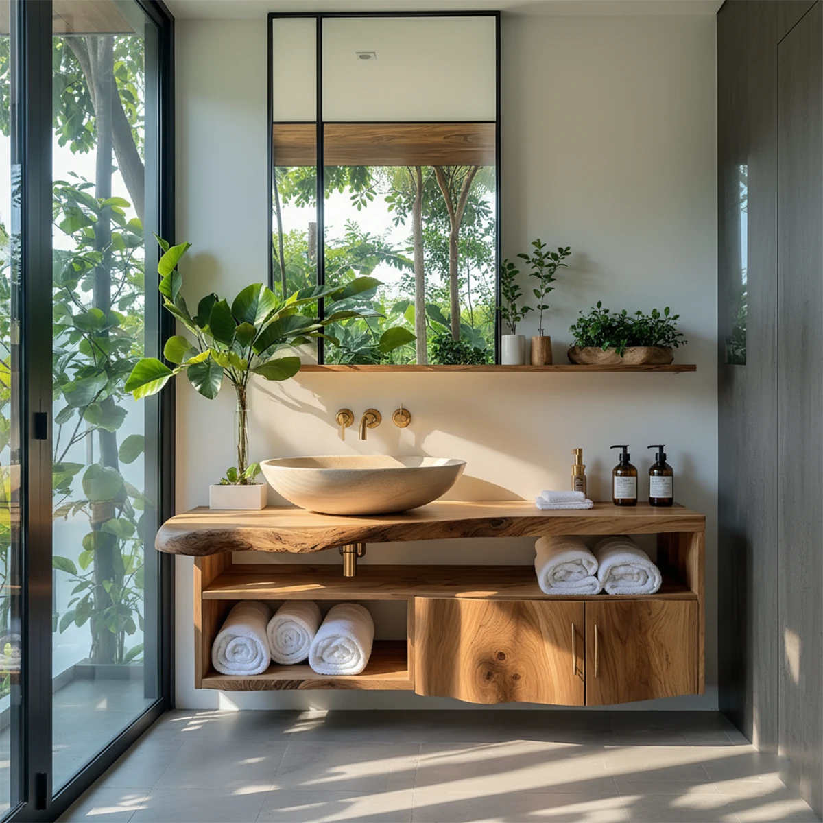 Live Edge Floating Wood Vanity – Asymmetrical Japandi Spa Sink Console - Rustira