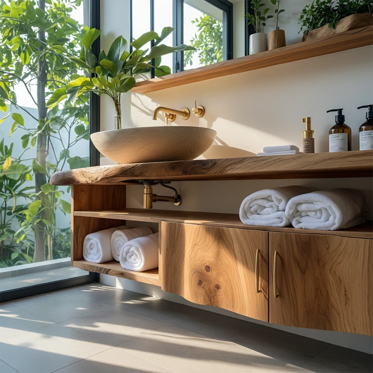 Live Edge Floating Wood Vanity – Asymmetrical Japandi Spa Sink Console - Rustira