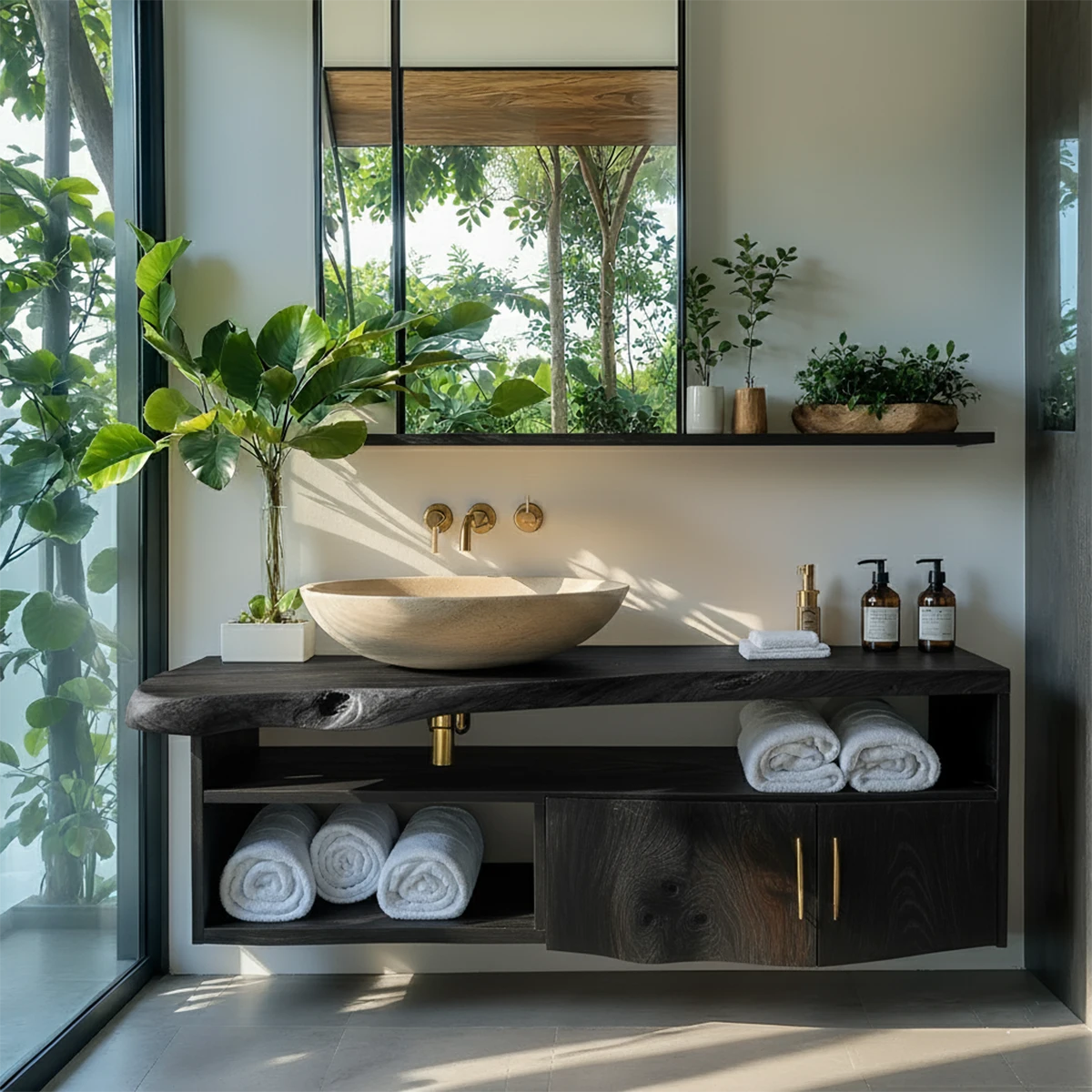 Live Edge Floating Wood Vanity – Asymmetrical Japandi Spa Sink Console - Rustira