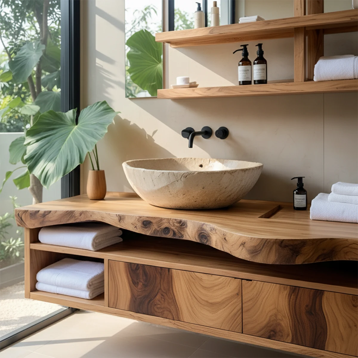 Live Edge Floating Wood Vanity with Shelves – Japandi Spa Sink Console - Rustira