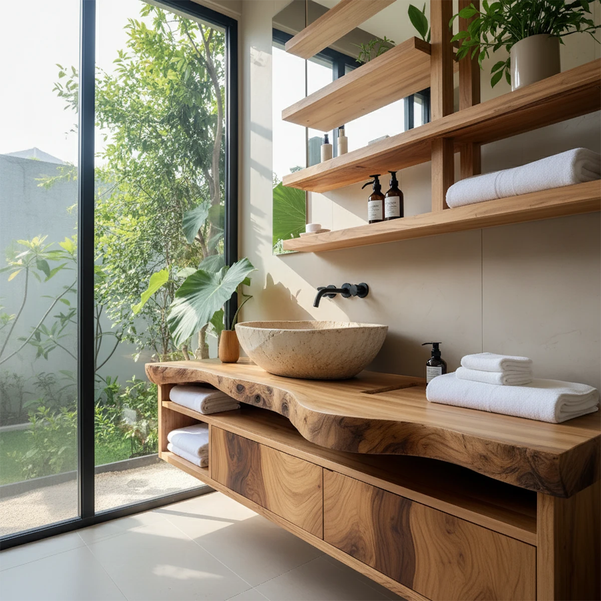 Live Edge Floating Wood Vanity with Shelves – Japandi Spa Sink Console - Rustira