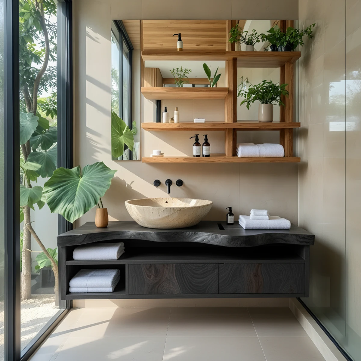 Live Edge Floating Wood Vanity with Shelves – Japandi Spa Sink Console - Rustira