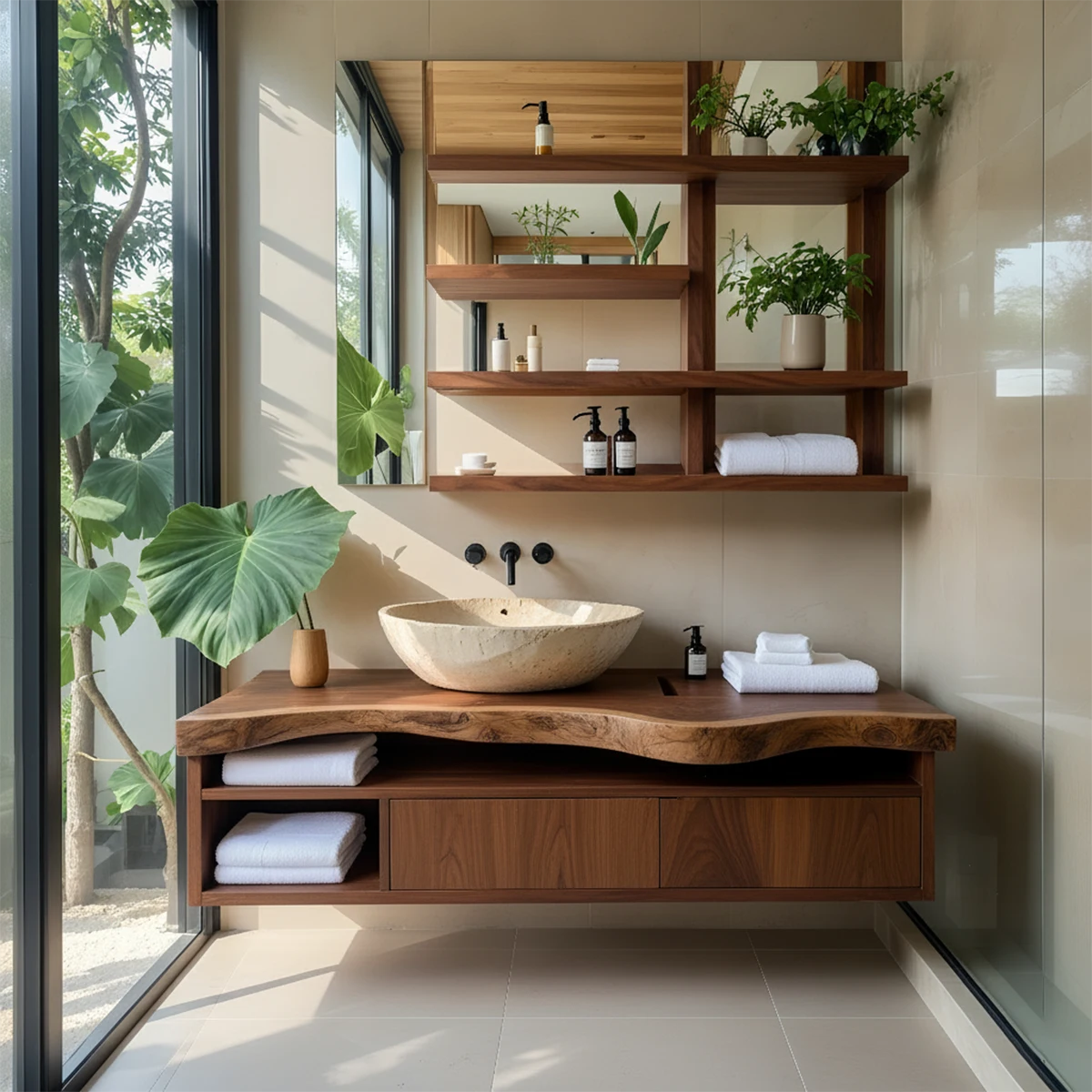 Live Edge Floating Wood Vanity with Shelves – Japandi Spa Sink Console - Rustira