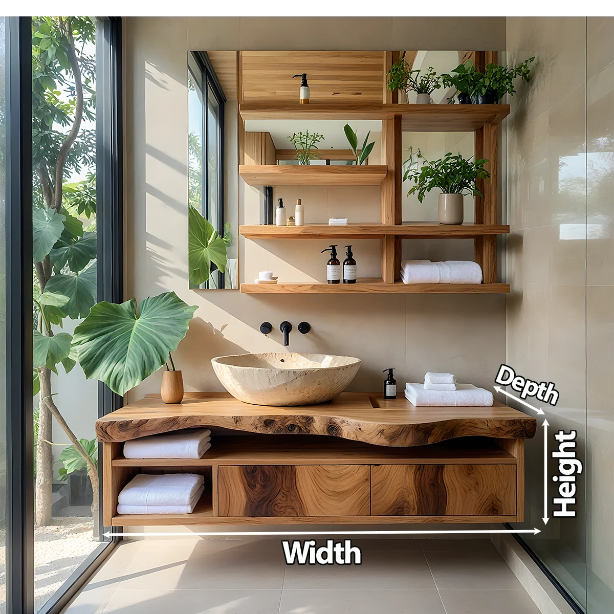 Live Edge Floating Wood Vanity with Shelves – Japandi Spa Sink Console - Rustira