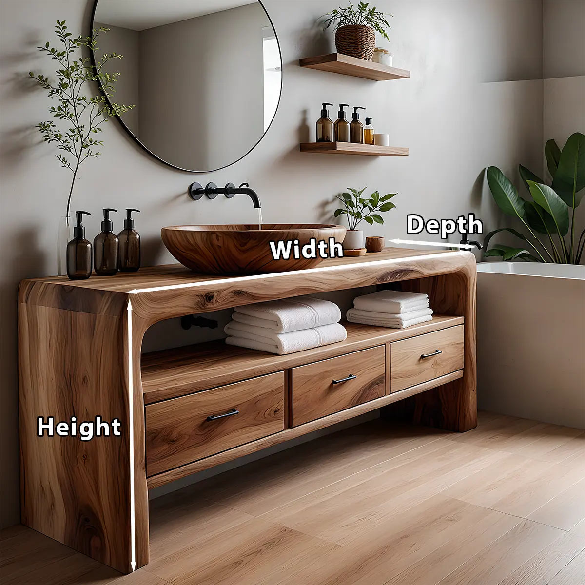 Live Edge Organic Solid Wood Bathroom Vanity With Drawers & Open Shelf - Rustira