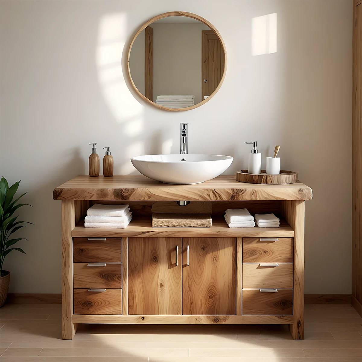 Live Edge Solid Wood Bathroom Vanity – Japandi Organic Design - Rustira