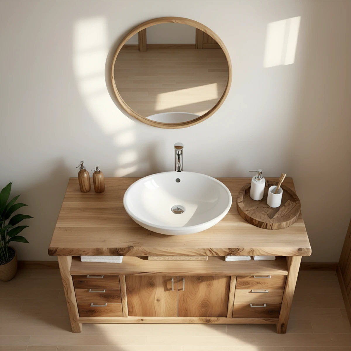 Live Edge Solid Wood Bathroom Vanity – Japandi Organic Design - Rustira