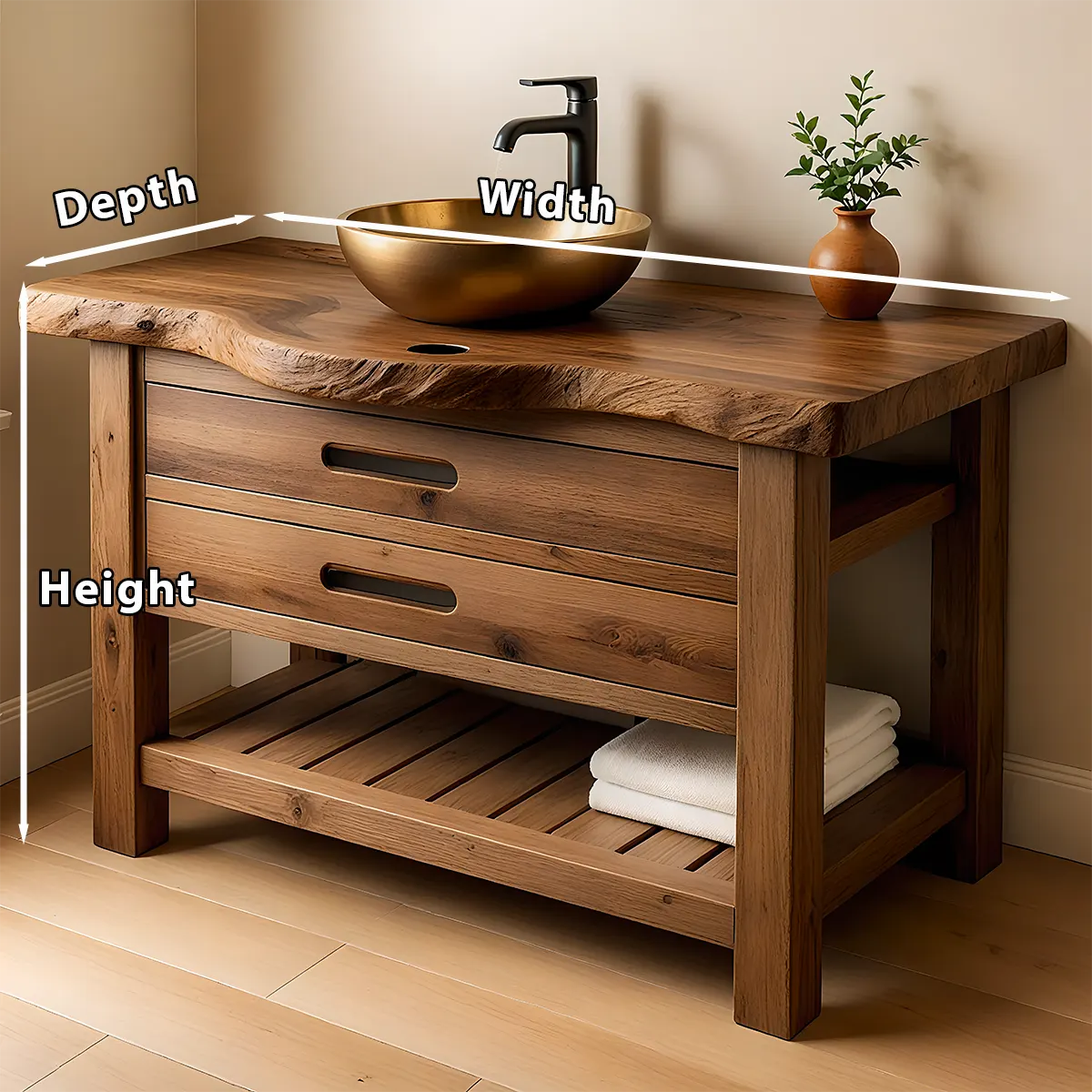 Live Edge Solid Wood Bathroom Vanity With Drawers & Open Shelf - Rustira