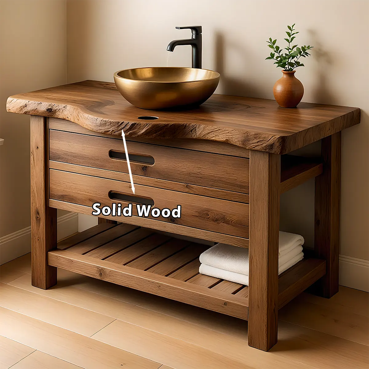 Live Edge Solid Wood Bathroom Vanity With Drawers & Open Shelf - Rustira