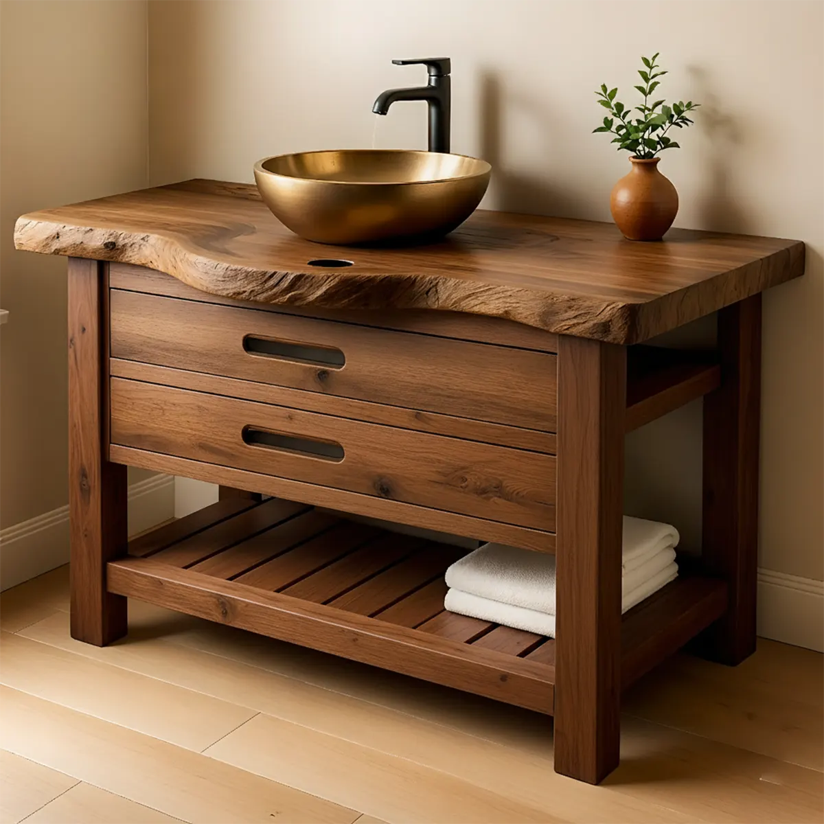 Live Edge Solid Wood Bathroom Vanity With Drawers & Open Shelf - Rustira