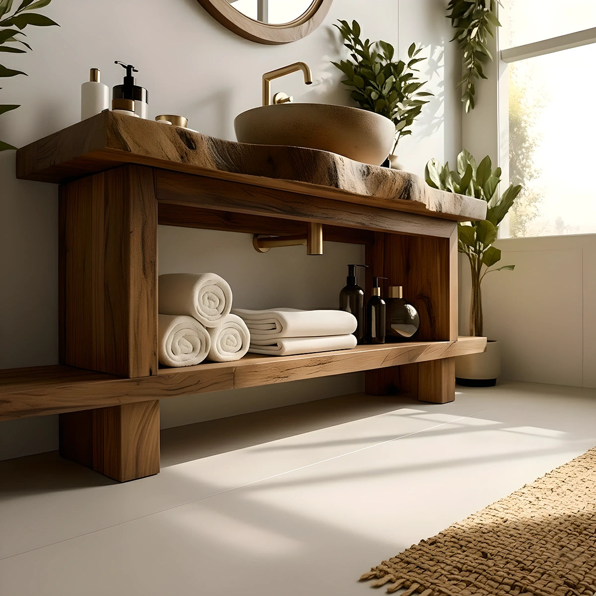 Live Edge Solid Wood Bathroom Vanity with Open Shelf – Handmade - Rustira