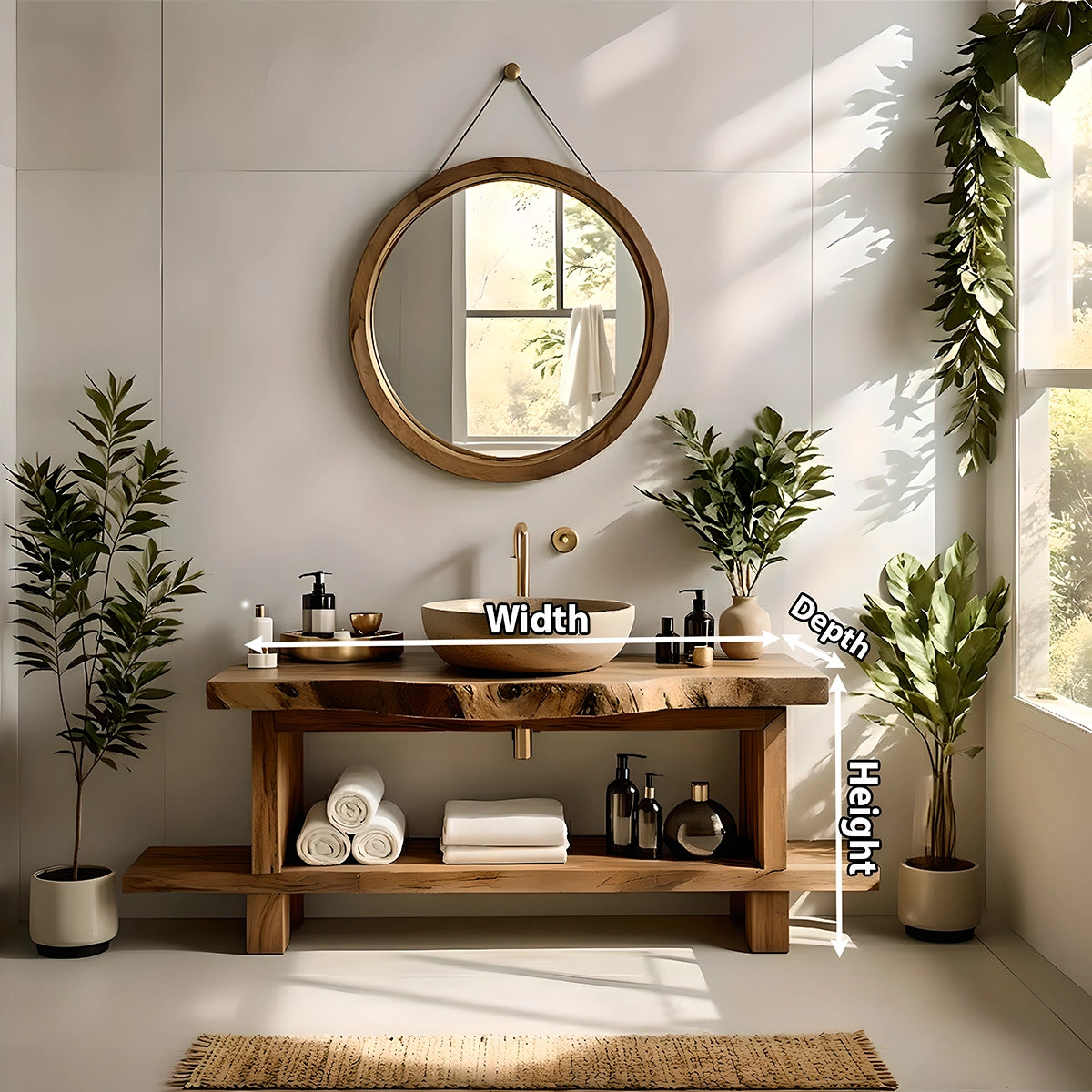 Live Edge Solid Wood Bathroom Vanity with Open Shelf – Handmade - Rustira