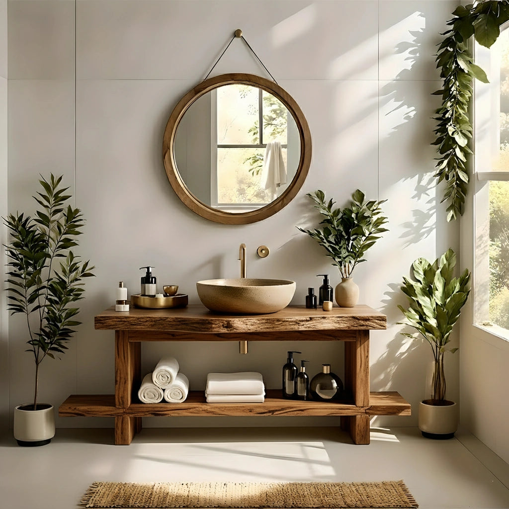 Live Edge Solid Wood Bathroom Vanity with Open Shelf – Handmade - Rustira