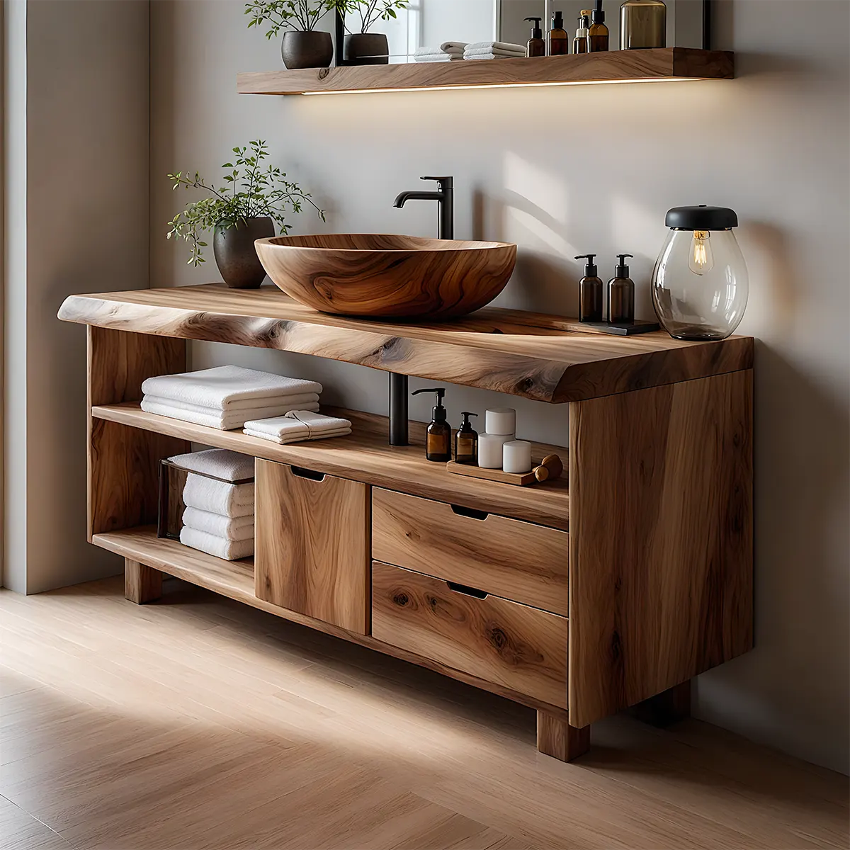 Live Edge Solid Wood Bathroom Vanity with Open Shelves & Drawers - Rustira