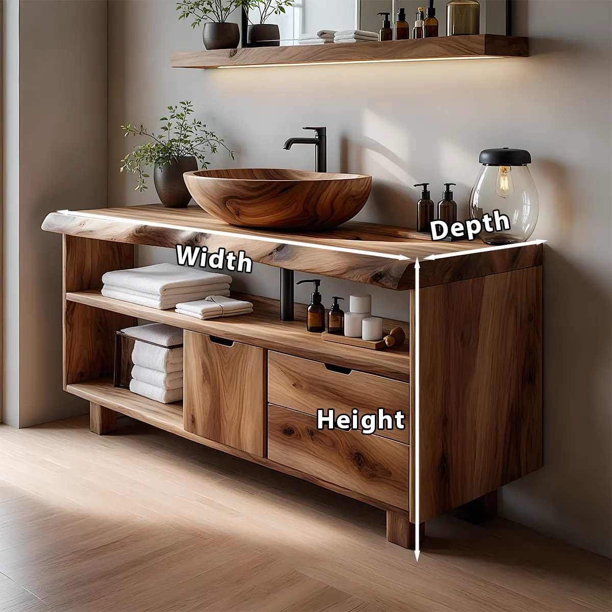 Live Edge Solid Wood Bathroom Vanity with Open Shelves & Drawers - Rustira