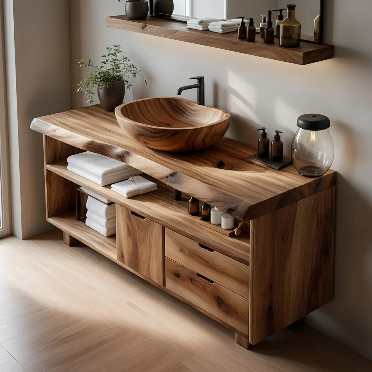 Live Edge Solid Wood Bathroom Vanity with Open Shelves & Drawers - Rustira