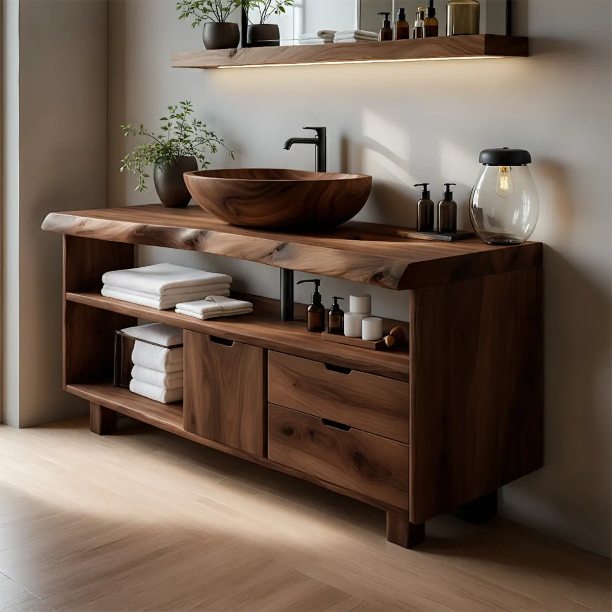 Live Edge Solid Wood Bathroom Vanity with Open Shelves & Drawers - Rustira