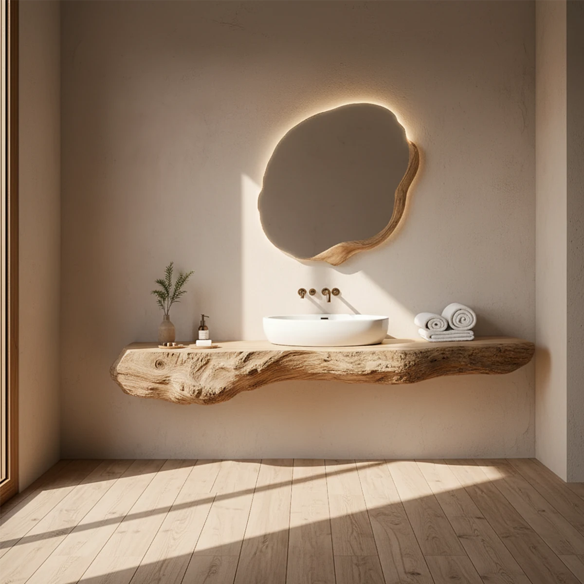 Live Edge Solid Wood Floating Vanity with Organic Mirror - Rustira