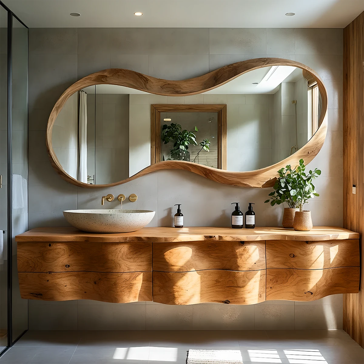 Live Edge Solid Wood Floating Vanity with Sculptural Mirror - Rustira