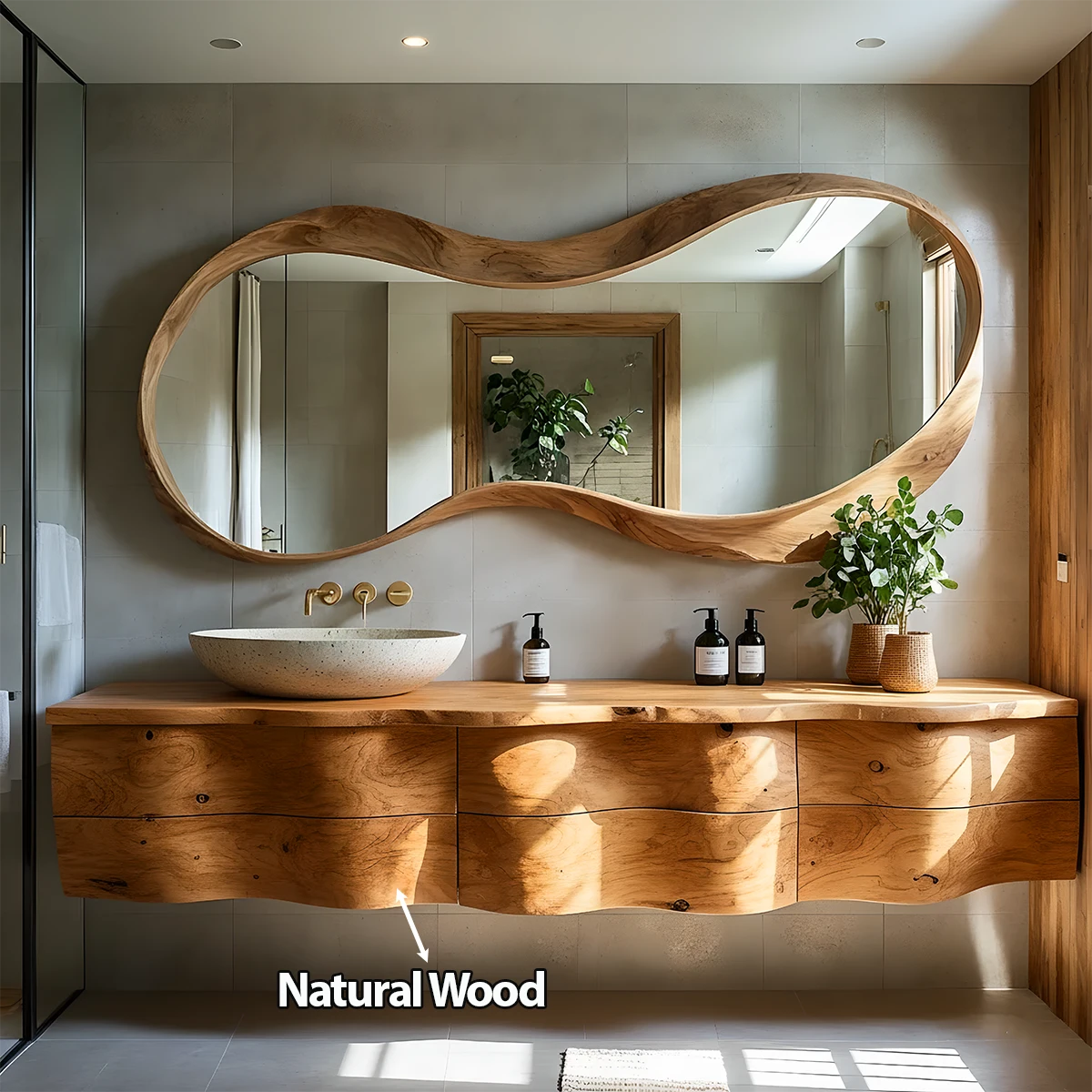 Live Edge Solid Wood Floating Vanity with Sculptural Mirror - Rustira