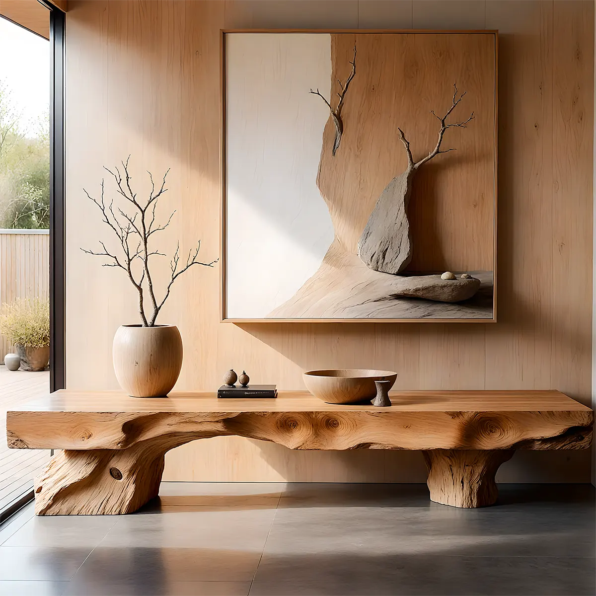 Live Edge Solid Wood TV Stand — Twin Trunk Zen Base - Rustira