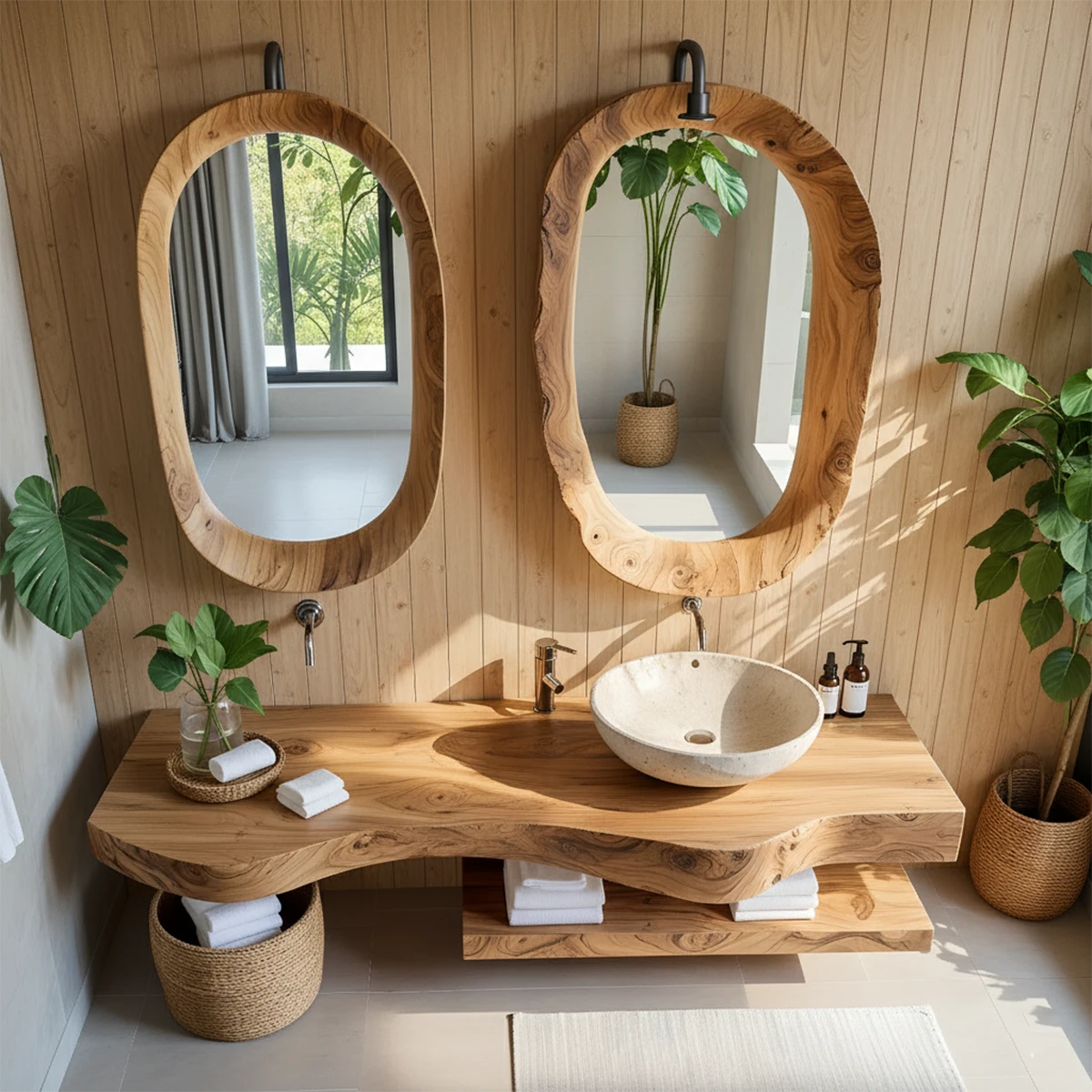 Live Edge Solid Wood Vanity with Dual Organic Mirrors - Rustira