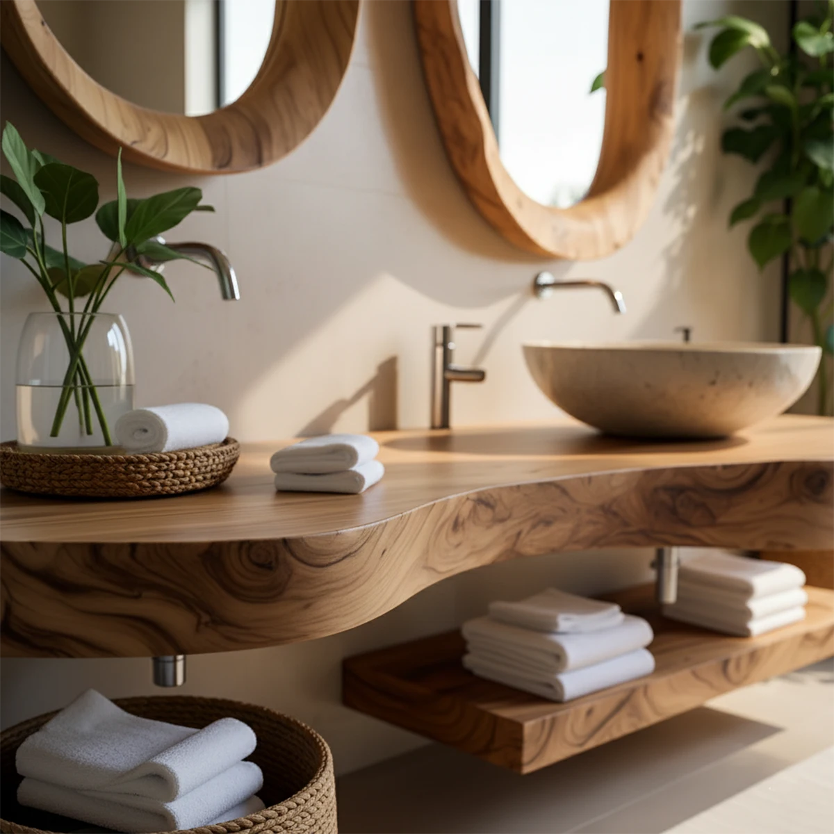 Live Edge Solid Wood Vanity with Dual Organic Mirrors - Rustira