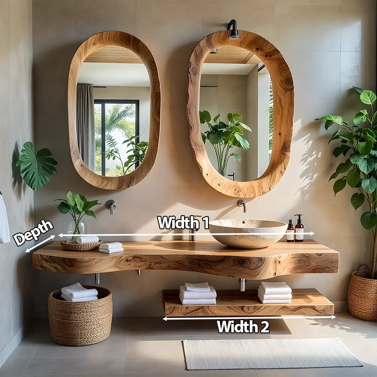 Live Edge Solid Wood Vanity with Dual Organic Mirrors - Rustira