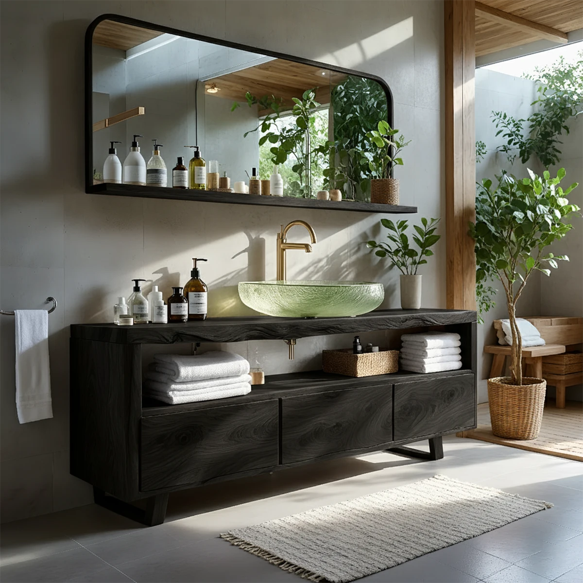 Live Edge Solid Wood Vanity with Storage – Japandi Spa Bathroom Console - Rustira