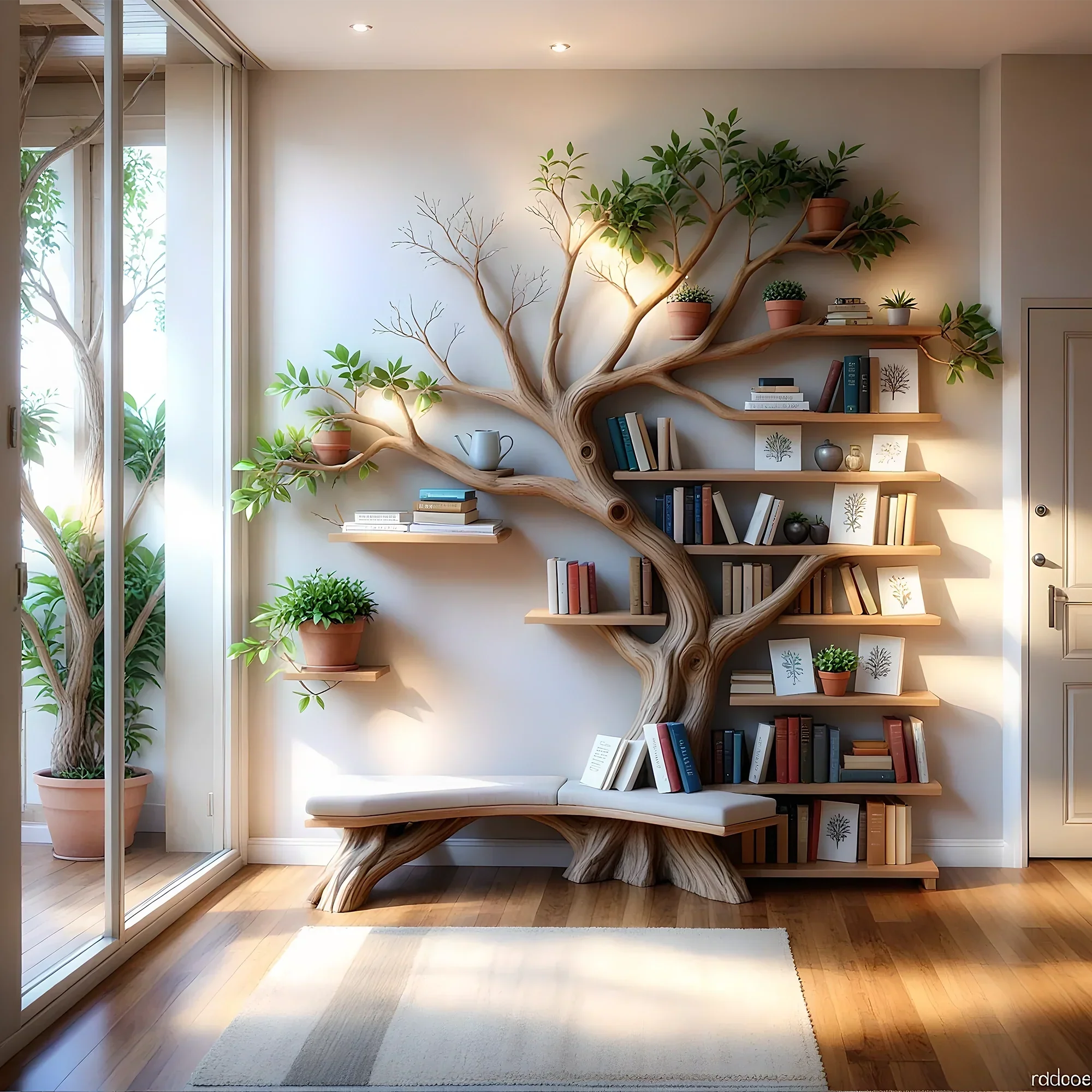 Tree-Shaped Bookcase – Solid Wood Bookshelf for Books, Plants & Decorations 
