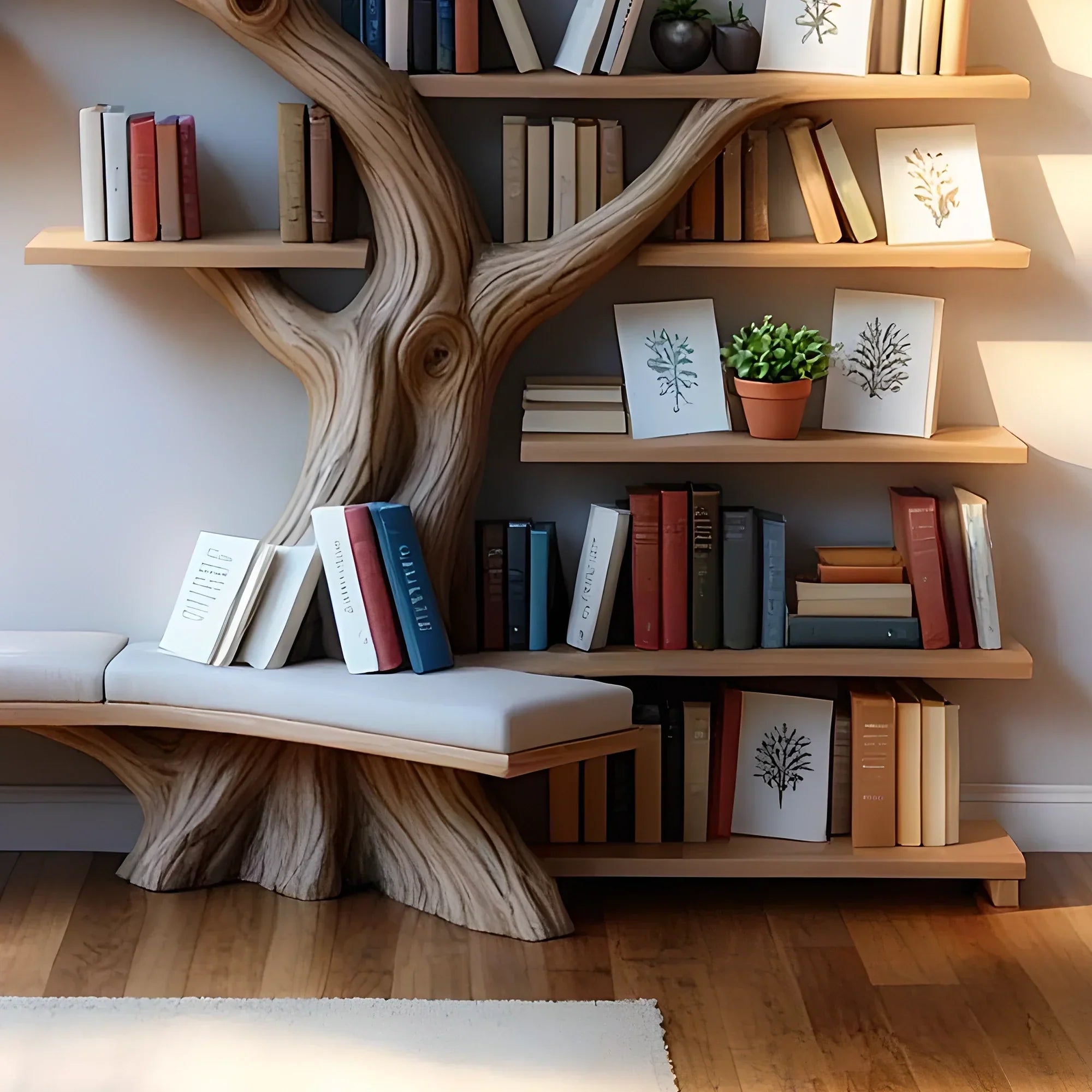 Tree-Shaped Bookcase – Solid Wood Bookshelf for Books, Plants & Decorations 