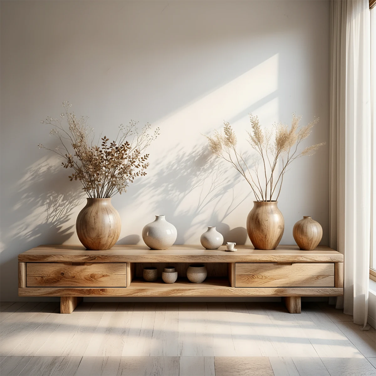 Low Solid Wood Japandi TV Stand – Minimal Zen Media Console - Rustira