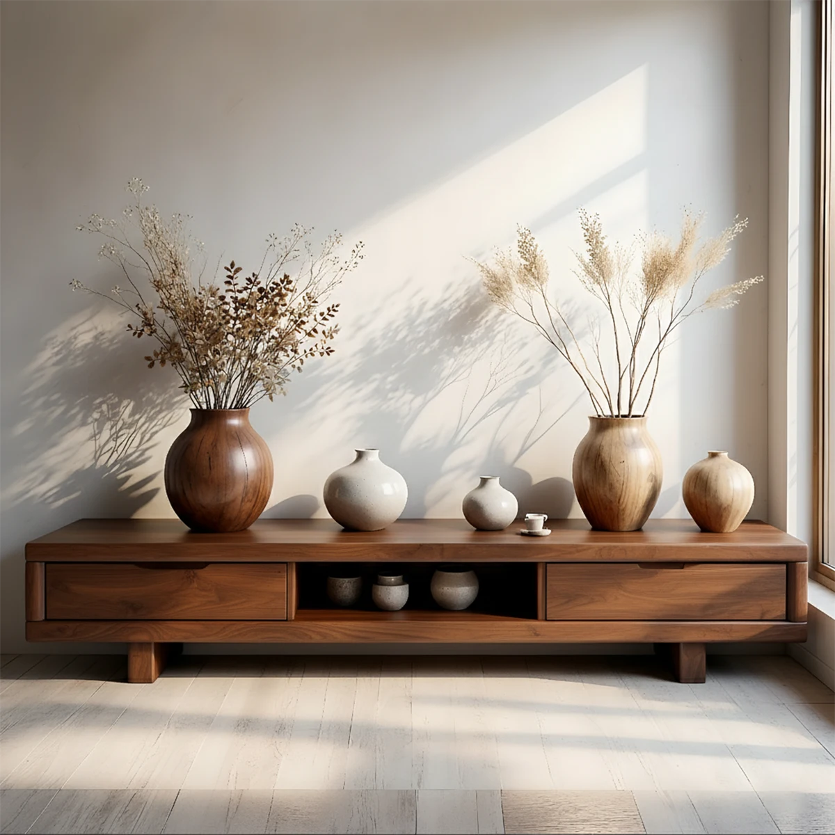 Low Solid Wood Japandi TV Stand – Minimal Zen Media Console - Rustira