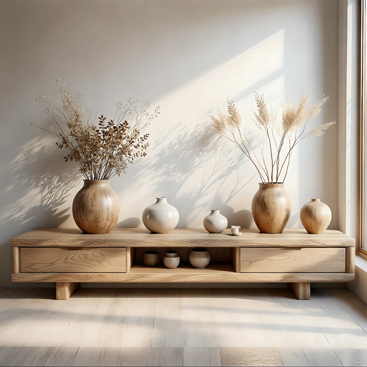 Low Solid Wood Japandi TV Stand – Minimal Zen Media Console - Rustira