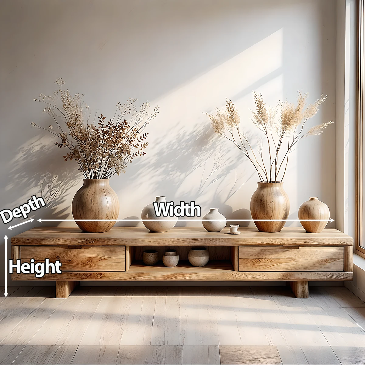 Low Solid Wood Japandi TV Stand – Minimal Zen Media Console - Rustira