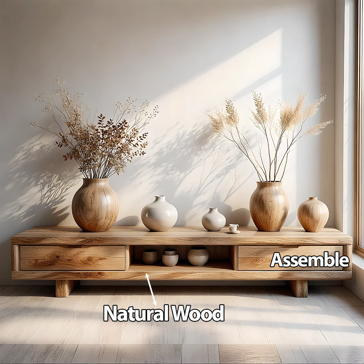 Low Solid Wood Japandi TV Stand – Minimal Zen Media Console - Rustira