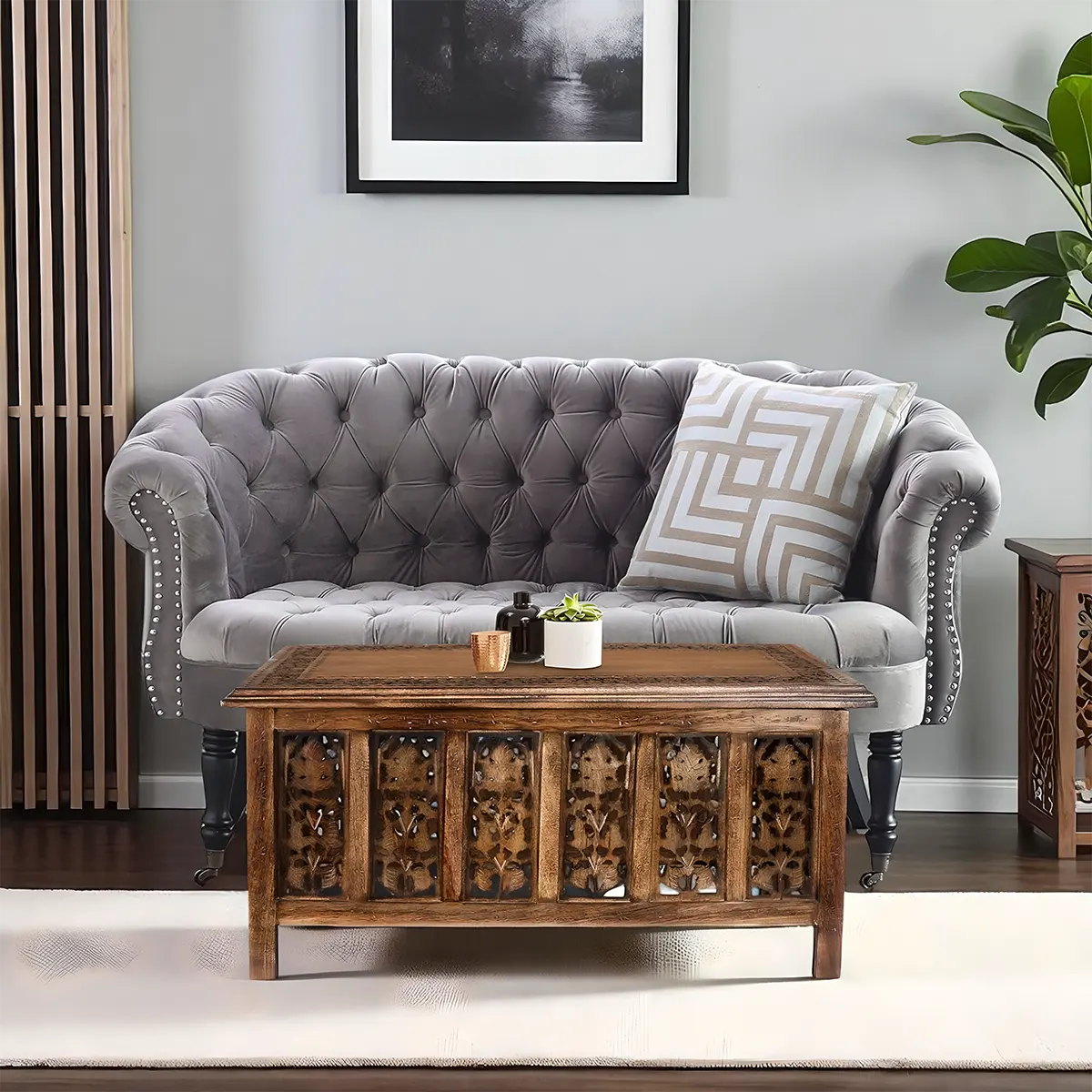 Luxury Carved Wooden Coffee Table – Exquisite Boho Style 