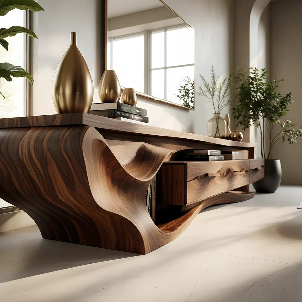 Luxury Wave-Carved Solid Wood TV Stand - Organic Modern Media Console - Rustira