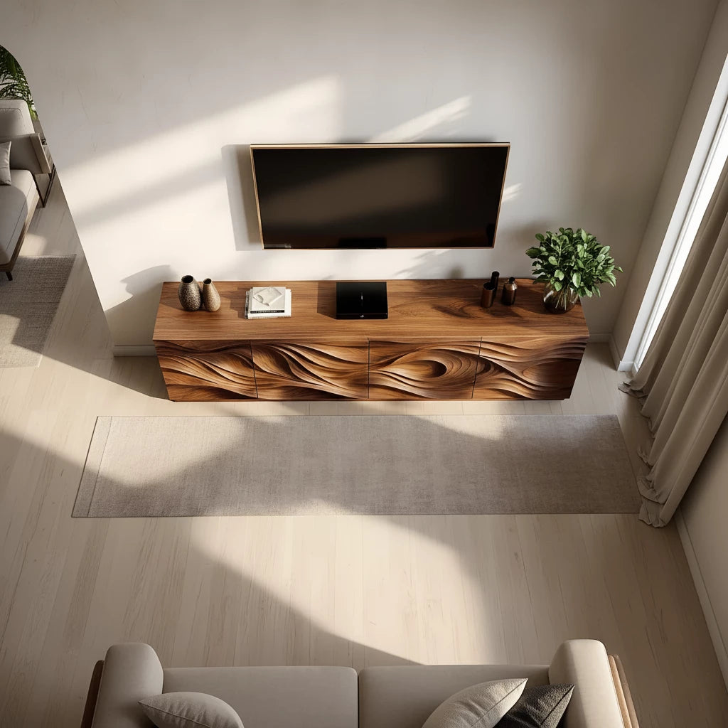 Luxury Wave Carved Solid Wood TV Stand - Sculptural Media Console - Rustira