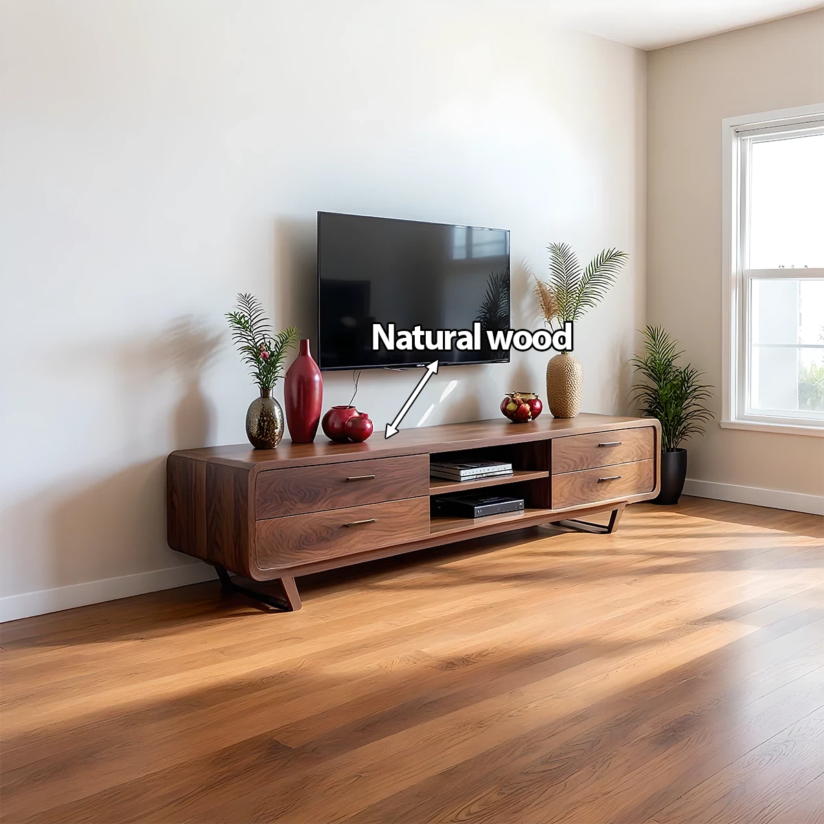 Mid-Century Modern Solid Walnut TV Stand with Rounded Corners - Rustira