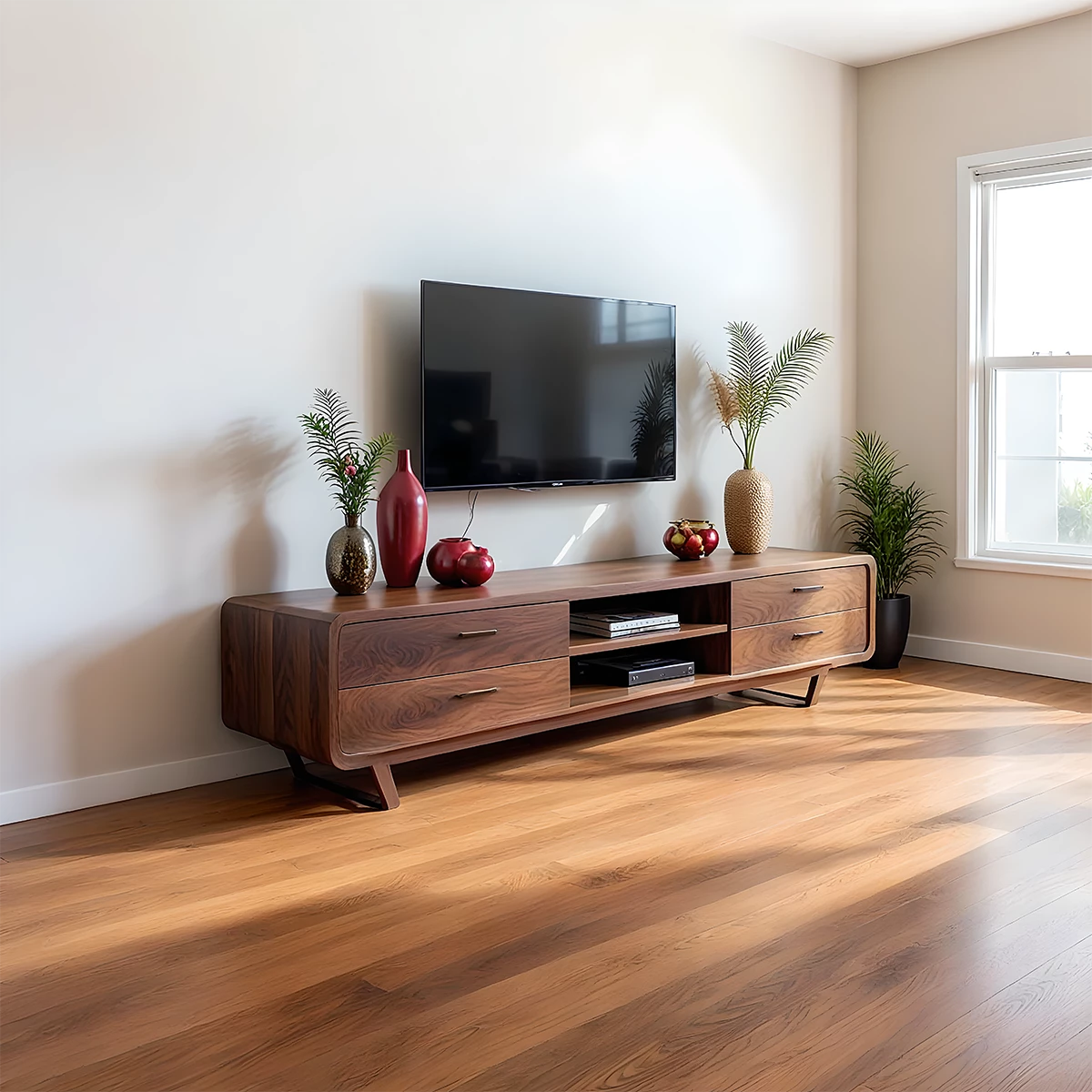 Mid-Century Modern Solid Walnut TV Stand with Rounded Corners - Rustira