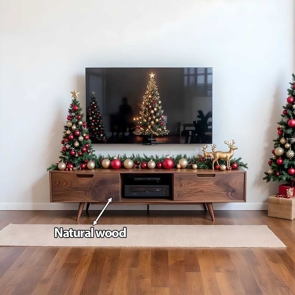 Mid-Century Modern Solid Wood TV Stand with Clean Walnut Finish - Rustira