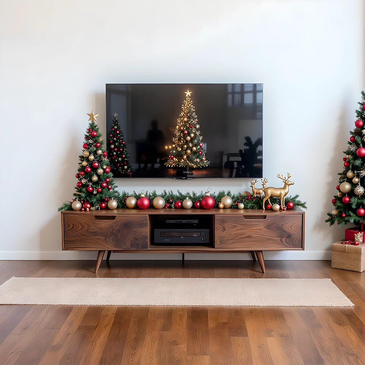 Mid-Century Modern Solid Wood TV Stand with Clean Walnut Finish - Rustira