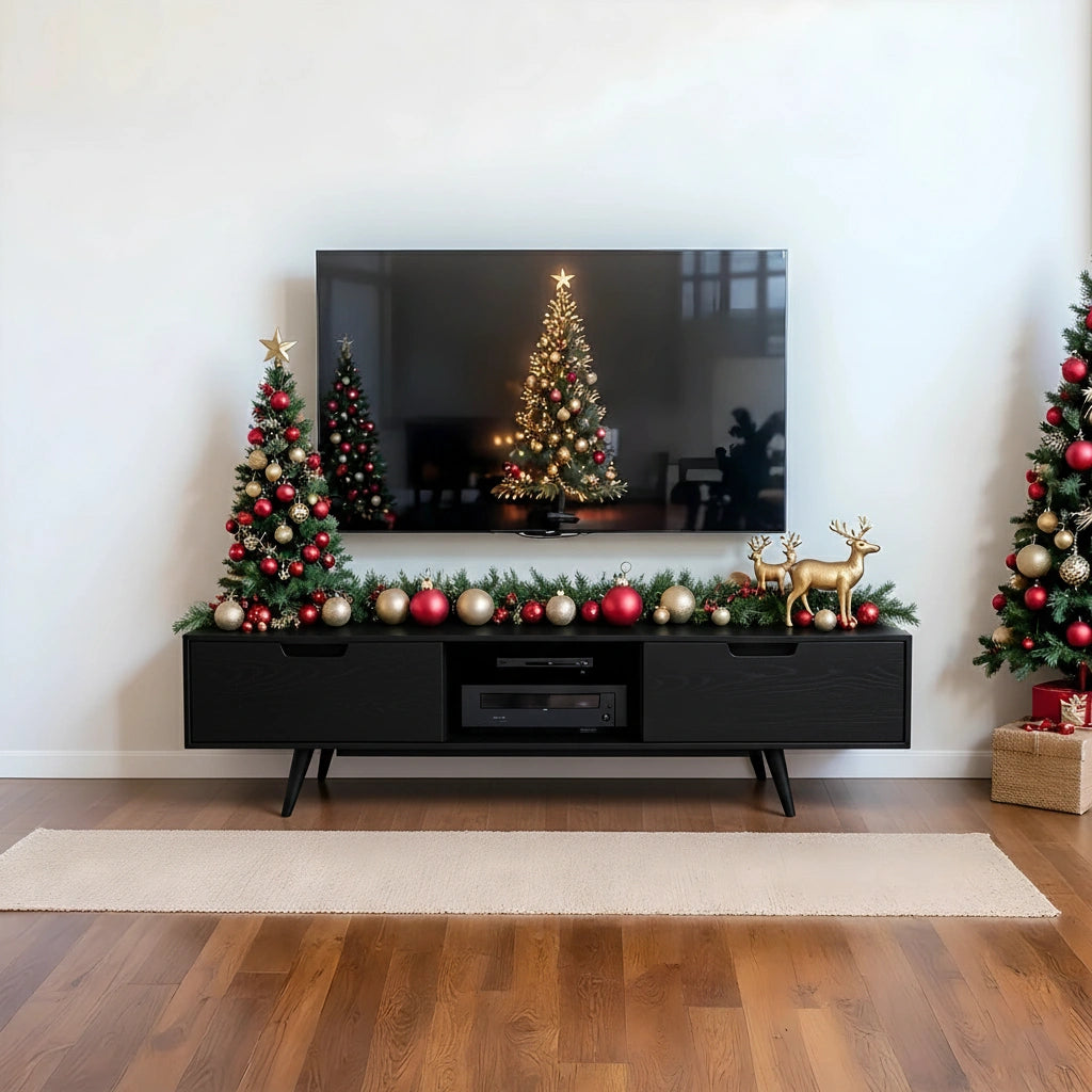 Mid-Century Modern Solid Wood TV Stand with Clean Walnut Finish - Rustira