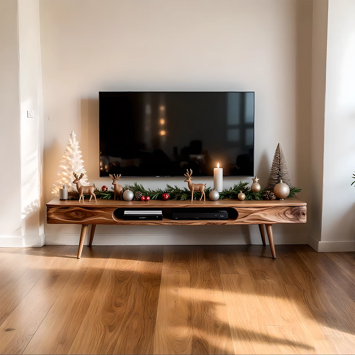 Mid-Century Solid Wood TV Stand with Rounded Corners & Storage Slot - Rustira